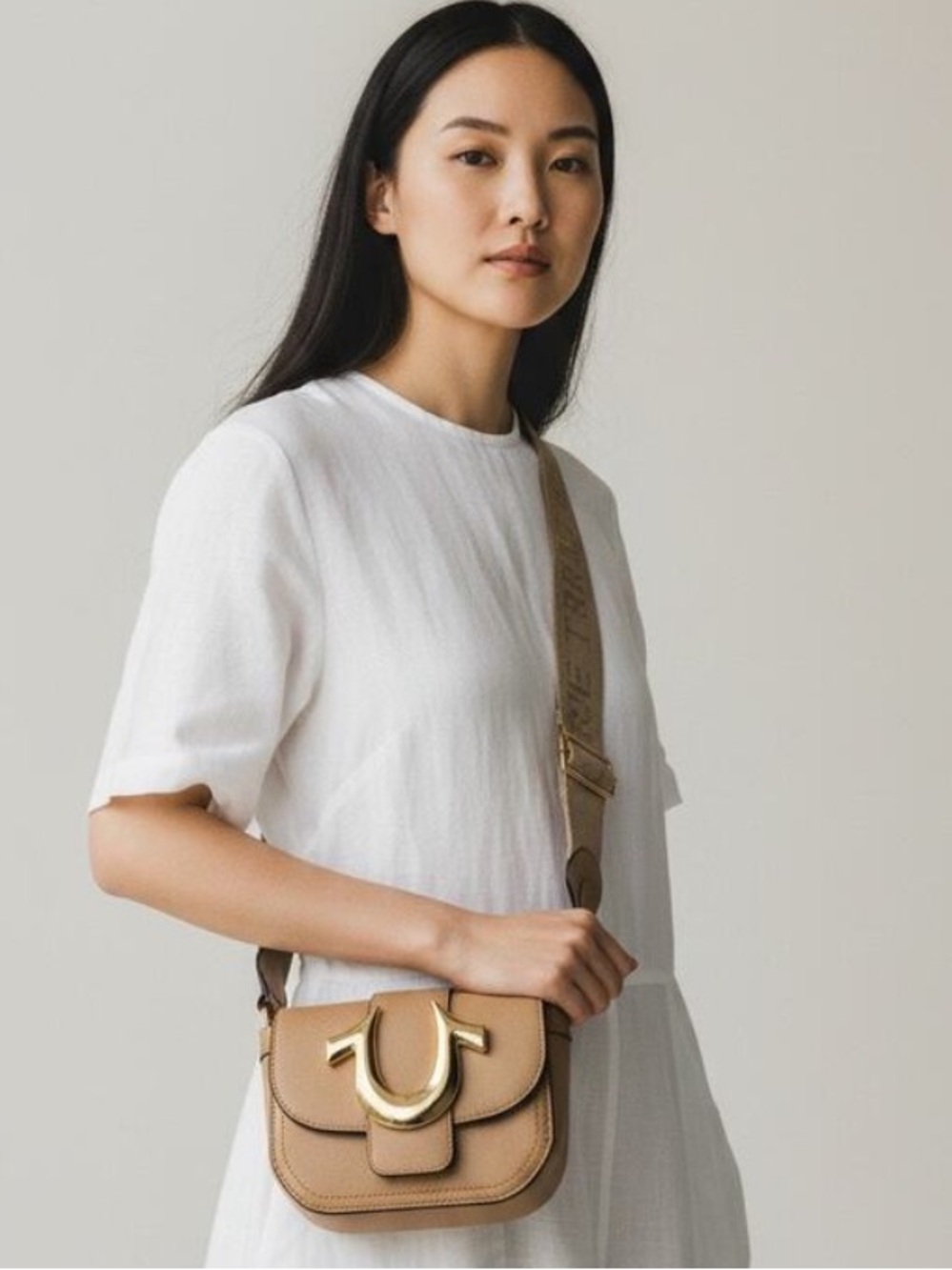 True Religion Mini Flap Crossbody Bag - Tan/Beige Gold Hardwear